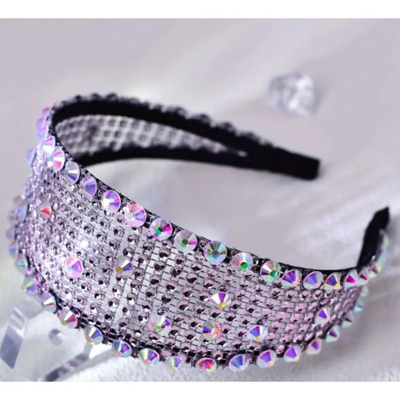 Wide Rhinestone Headband for Women & Girls – Iridescent Crystal Statement Hair - Picture 3 of 5